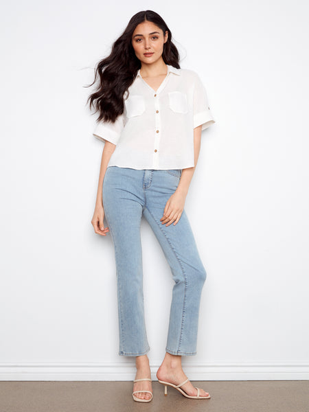 CHARLIE B C4688 SHORT SLEEVE BUTTON FRONT LINEN BLOUSE WITH PATCH POCKETS- 3 COLOURS