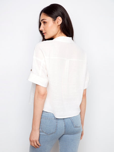 CHARLIE B C4688 SHORT SLEEVE BUTTON FRONT LINEN BLOUSE WITH PATCH POCKETS- 3 COLOURS
