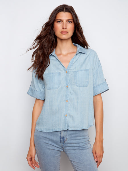 CHARLIE B C4688 SHORT SLEEVE BUTTON FRONT LINEN BLOUSE WITH PATCH POCKETS- 3 COLOURS