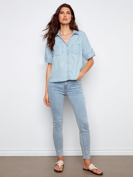 CHARLIE B C4688 SHORT SLEEVE BUTTON FRONT LINEN BLOUSE WITH PATCH POCKETS- 3 COLOURS
