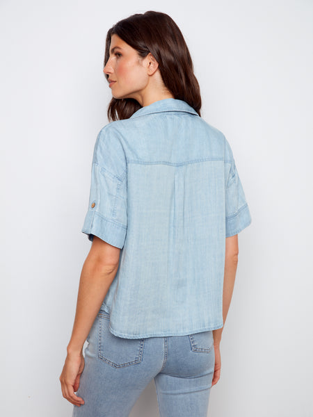 CHARLIE B C4688 SHORT SLEEVE BUTTON FRONT LINEN BLOUSE WITH PATCH POCKETS- 3 COLOURS