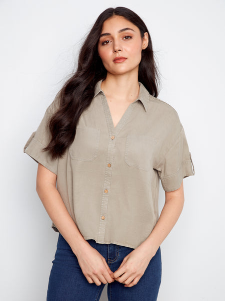 CHARLIE B C4688 SHORT SLEEVE BUTTON FRONT LINEN BLOUSE WITH PATCH POCKETS- 3 COLOURS
