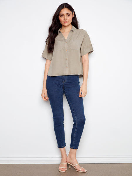 CHARLIE B C4688 SHORT SLEEVE BUTTON FRONT LINEN BLOUSE WITH PATCH POCKETS- 3 COLOURS