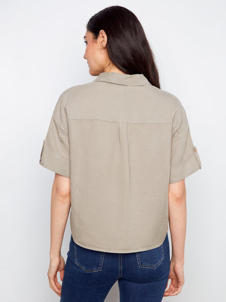 CHARLIE B C4688 SHORT SLEEVE BUTTON FRONT LINEN BLOUSE WITH PATCH POCKETS- 3 COLOURS