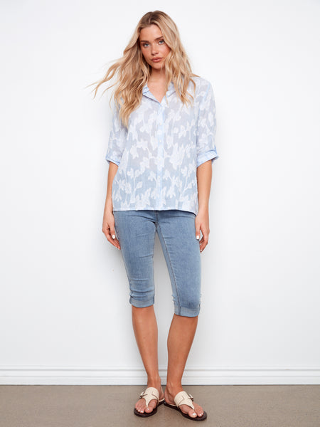 CHARLIE B C4690 3/4 ROLL UP SLEEVE EMBROIDERED YARN DYED STRIPED BLOUSE