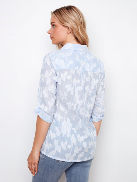 CHARLIE B C4690 3/4 ROLL UP SLEEVE EMBROIDERED YARN DYED STRIPED BLOUSE