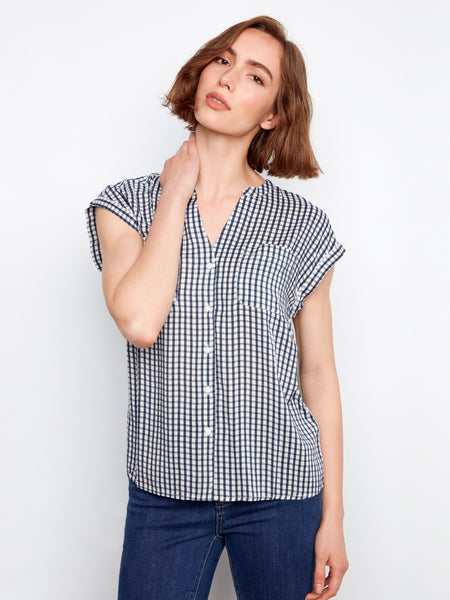 CHARLIE B C4692 PRINTED GINGHAM SHORT SLEEVE BLOUSE