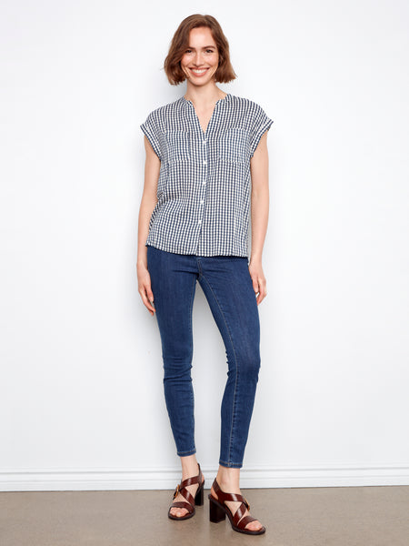CHARLIE B C4692 PRINTED GINGHAM SHORT SLEEVE BLOUSE