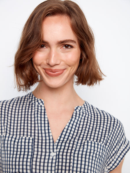 CHARLIE B C4692 PRINTED GINGHAM SHORT SLEEVE BLOUSE