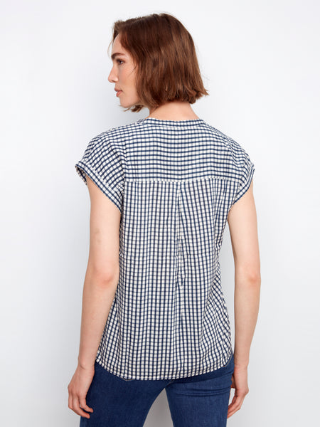 CHARLIE B C4692 PRINTED GINGHAM SHORT SLEEVE BLOUSE