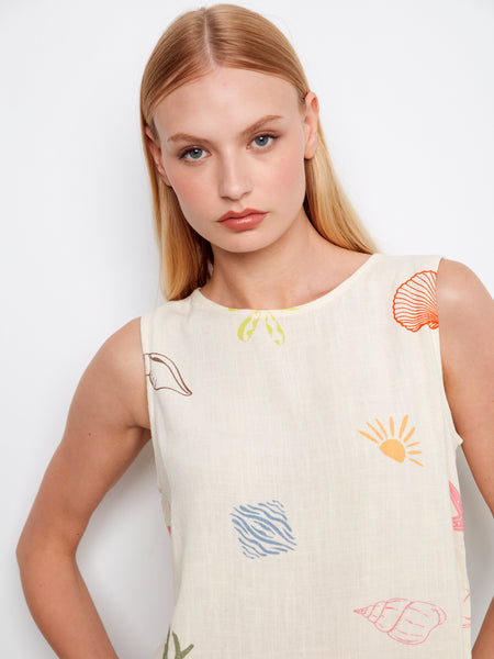 CHARLIE B C4696P PRINTED SLEEVELESS TOP WITH DRAWCORD AT HEM