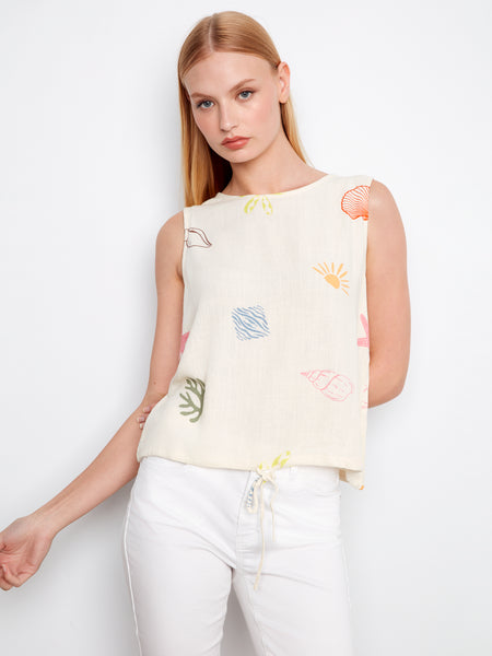 CHARLIE B C4696P PRINTED SLEEVELESS TOP WITH DRAWCORD AT HEM