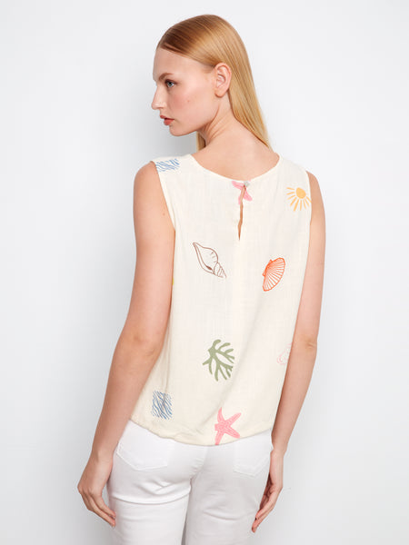 CHARLIE B C4696P PRINTED SLEEVELESS TOP WITH DRAWCORD AT HEM