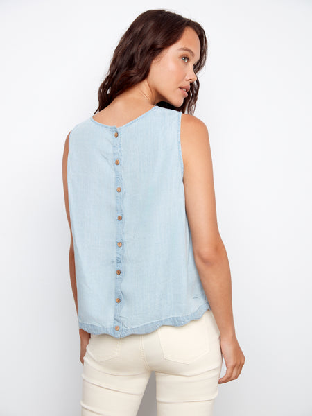 CHARLIE B C4698 SCALLOP HEM SLEEVELESS TOP WITH BACK DECORATIVE BUTTONS- 3 COLOURS
