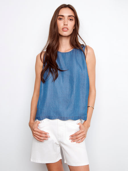 CHARLIE B C4698 SCALLOP HEM SLEEVELESS TOP WITH BACK DECORATIVE BUTTONS- 3 COLOURS