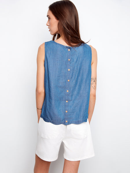 CHARLIE B C4698 SCALLOP HEM SLEEVELESS TOP WITH BACK DECORATIVE BUTTONS- 3 COLOURS