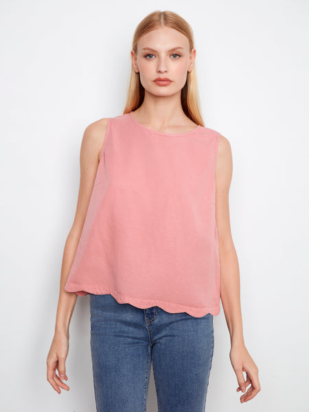 CHARLIE B C4698 SCALLOP HEM SLEEVELESS TOP WITH BACK DECORATIVE BUTTONS- 3 COLOURS