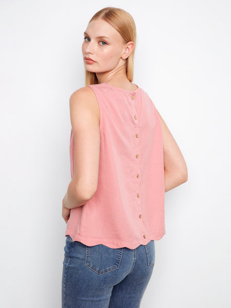 CHARLIE B C4698 SCALLOP HEM SLEEVELESS TOP WITH BACK DECORATIVE BUTTONS- 3 COLOURS