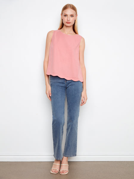 CHARLIE B C4698 SCALLOP HEM SLEEVELESS TOP WITH BACK DECORATIVE BUTTONS- 3 COLOURS