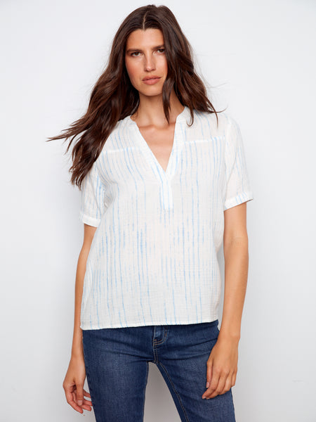 CHARLIE B C4701 SPLIT NECKLINE PRINTED BUBBLE COTTON BLOUSE