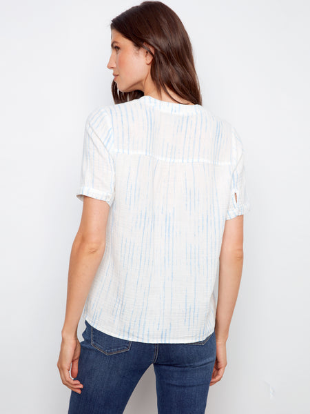 CHARLIE B C4701 SPLIT NECKLINE PRINTED BUBBLE COTTON BLOUSE