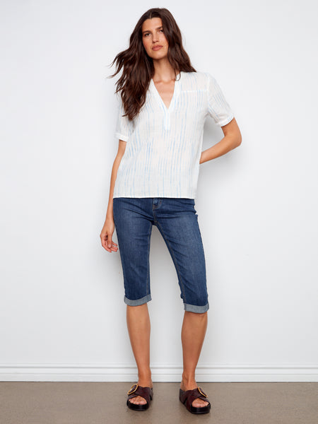CHARLIE B C4701 SPLIT NECKLINE PRINTED BUBBLE COTTON BLOUSE