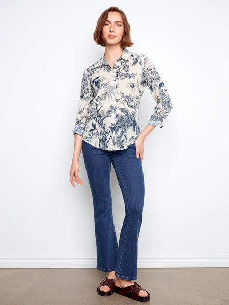 CHARLIE B C4705 PRINTED COTTON VOILE BUTTON UP BLOUSE