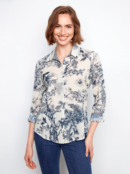 CHARLIE B C4705 PRINTED COTTON VOILE BUTTON UP BLOUSE
