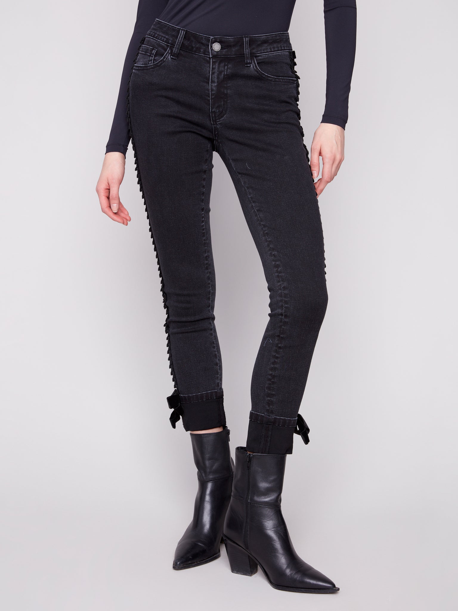 CHARLIE B C5123RR SLIM LEG 5 POCKET STRETCH DENIM PANTS WITH VELVET BOW TRIM