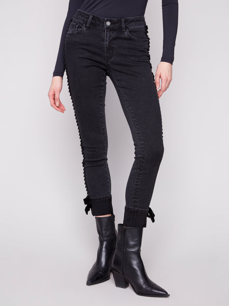 CHARLIE B C5123RR SLIM LEG 5 POCKET STRETCH DENIM PANTS WITH VELVET BOW TRIM