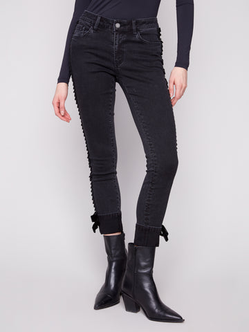 CHARLIE B C5123RR SLIM LEG 5 POCKET STRETCH DENIM PANTS WITH VELVET BOW TRIM