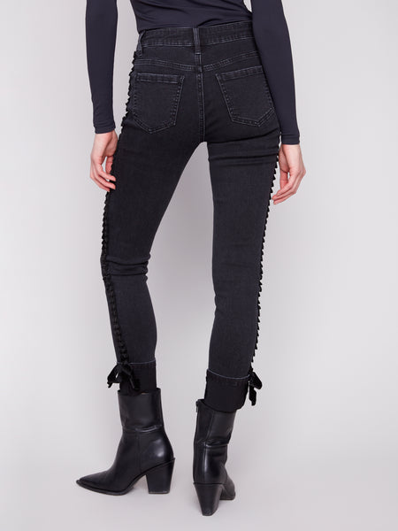 CHARLIE B C5123RR SLIM LEG 5 POCKET STRETCH DENIM PANTS WITH VELVET BOW TRIM