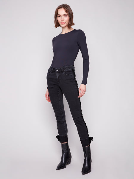 CHARLIE B C5123RR SLIM LEG 5 POCKET STRETCH DENIM PANTS WITH VELVET BOW TRIM