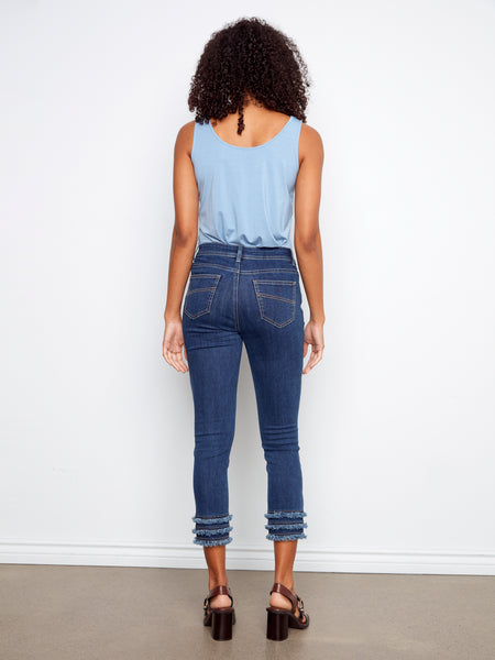 CHARLIE B C5147TT STRETCH DENIM CROPPED SKINNY PANTS WTH FRAYED HEM DETAILS- 3 COLOURS