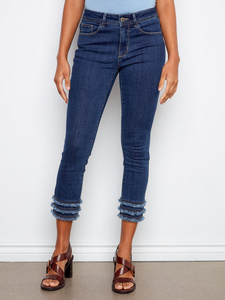 CHARLIE B C5147TT STRETCH DENIM CROPPED SKINNY PANTS WTH FRAYED HEM DETAILS- 3 COLOURS