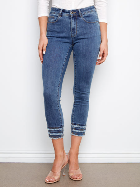 CHARLIE B C5147TT STRETCH DENIM CROPPED SKINNY PANTS WTH FRAYED HEM DETAILS- 3 COLOURS