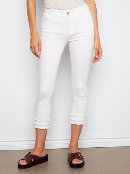 CHARLIE B C5147TT STRETCH DENIM CROPPED SKINNY PANTS WTH FRAYED HEM DETAILS- 3 COLOURS