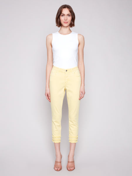 CHARLIE B C5147T FRAYED HEM CROPPED TWILL PANTS