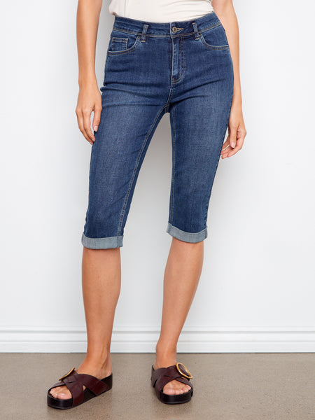 CHARLIE B C5208WW STRETCH DENIM CAPRI SLIM LEG PANTS WITH CUFFED HEM- 3 COLOURS