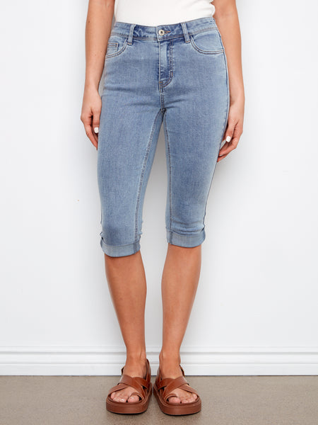 CHARLIE B C5208WW STRETCH DENIM CAPRI SLIM LEG PANTS WITH CUFFED HEM- 3 COLOURS