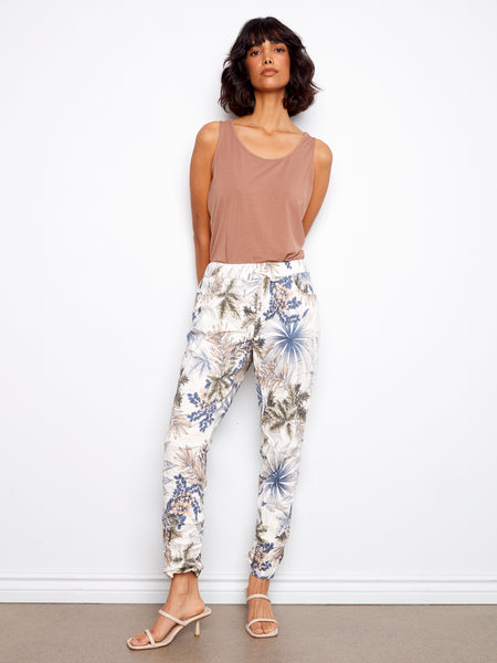 CHARLIE B C5219X PRINTED CRINKLE BENGALINE PULL ON JOGGER PANT- 2 COLOURS