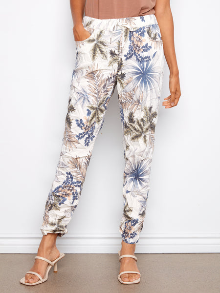 CHARLIE B C5219X PRINTED CRINKLE BENGALINE PULL ON JOGGER PANT- 2 COLOURS