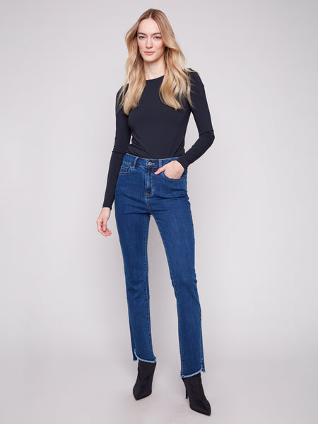 CHARLIE B C5429X BOOTCUT STRETCH DENIM PANTS WITH ASYMMETRICAL HEM- 2 COLOURS