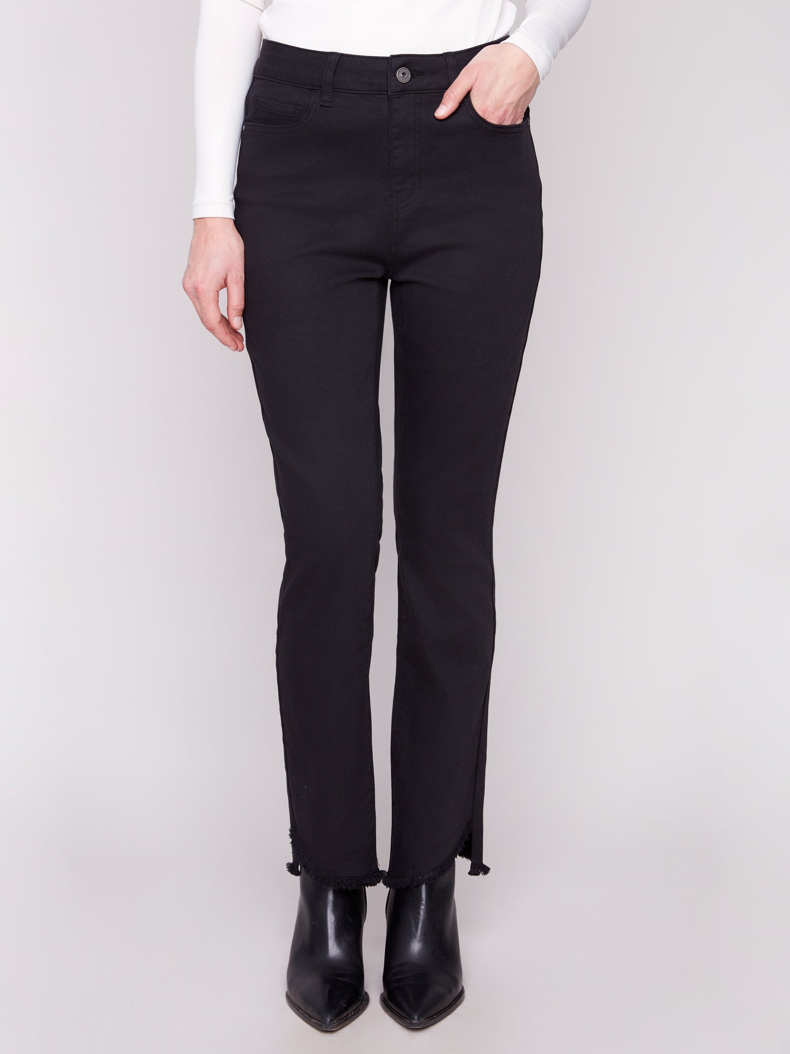 CHARLIE B C5429X BOOTCUT STRETCH DENIM PANTS WITH ASYMMETRICAL HEM- 2 COLOURS