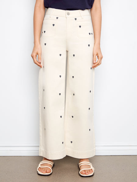 CHARLIE B C5538E ALL OVER EMBROIDERED CROPPED PATCH POCKET FLARE FLEX TWILL PANTS