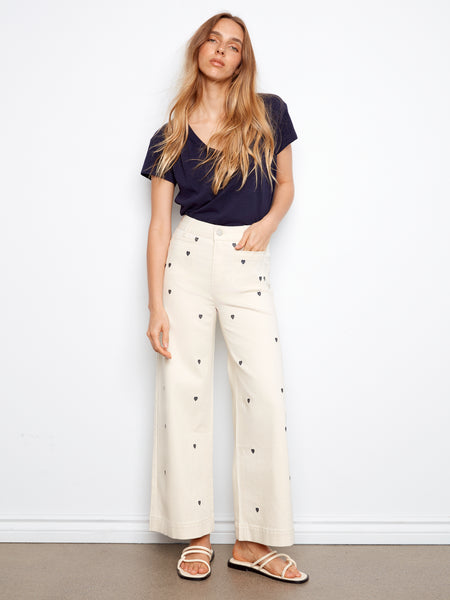 CHARLIE B C5538E ALL OVER EMBROIDERED CROPPED PATCH POCKET FLARE FLEX TWILL PANTS