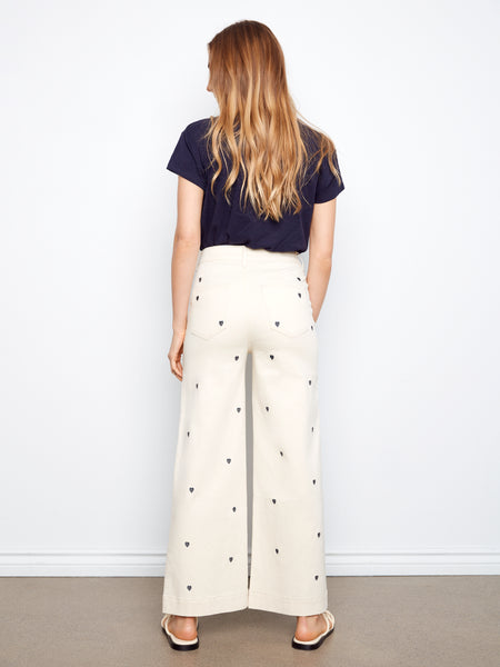 CHARLIE B C5538E ALL OVER EMBROIDERED CROPPED PATCH POCKET FLARE FLEX TWILL PANTS