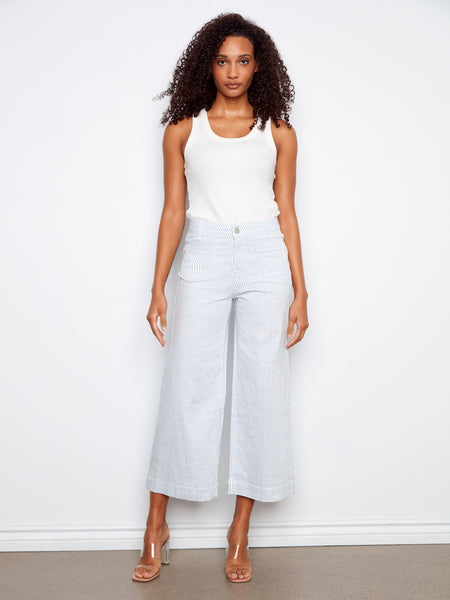 CHARLIE B C5538P YARN DYE STRIPED TWILL CROPPED PATCH POCKET FLARE PANTS