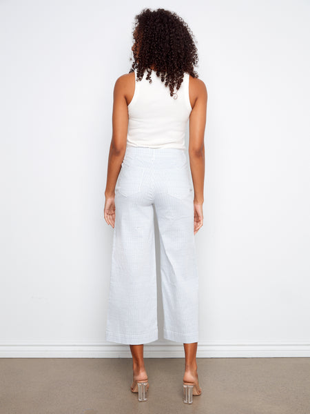 CHARLIE B C5538P YARN DYE STRIPED TWILL CROPPED PATCH POCKET FLARE PANTS