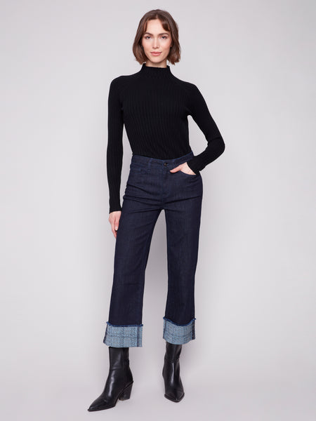 CHARLIE B C5544 ROLLED CUFF WITH STUDS STRAIGHT LEG STRETCH DENIM PANTS